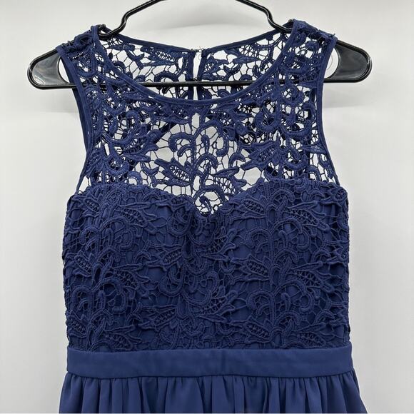 Lulus Romantic Tale Navy Blue Crochet Lace Open Back Mini Skater Dress Size M - Picture 4 of 13